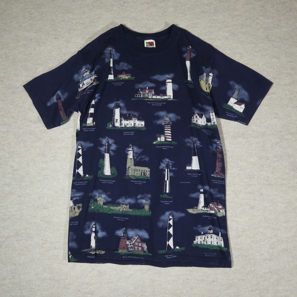 Fruit of the Loom Lighthouse All Over Print T Shirt Mens Medium Navy Blue Cotton